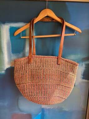 Vintage Handwoven Sisal Market Tote with Leather Straps